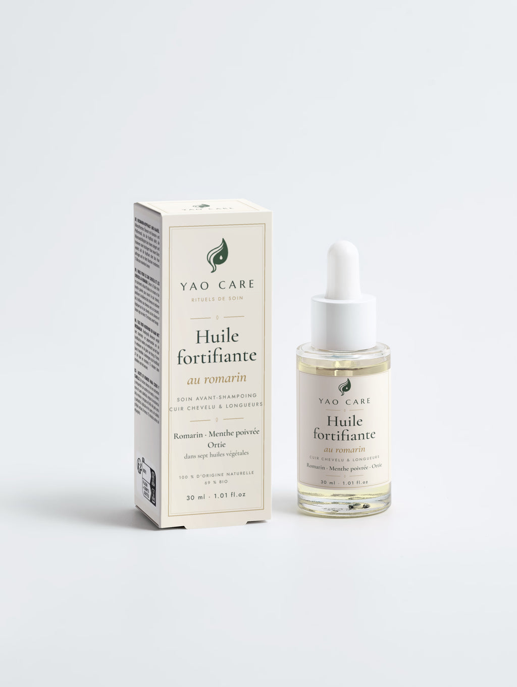 Huile fortifiante au romarin Yao Care, flacon compte-gouttes 30 ml et sa boîte