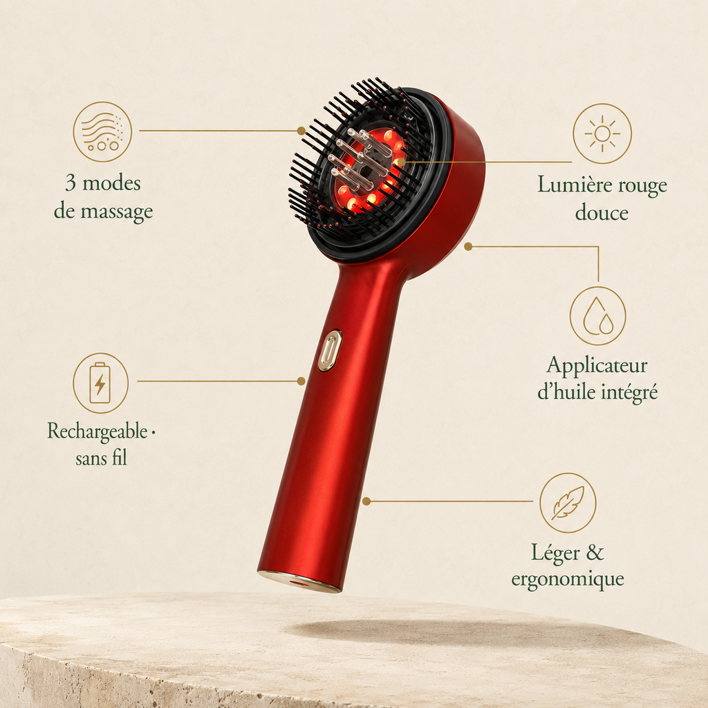 Les atouts de la brosse : 3 modes de massage, lumière rouge douce, applicateur d'huile intégré, rechargeable sans fil, légère et ergonomique
