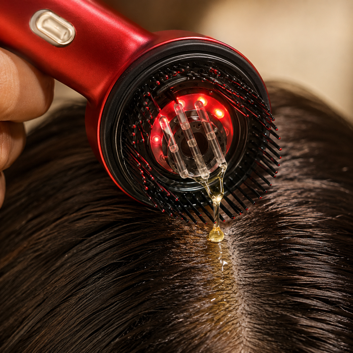 La brosse dépose l'huile directement à la racine des cheveux