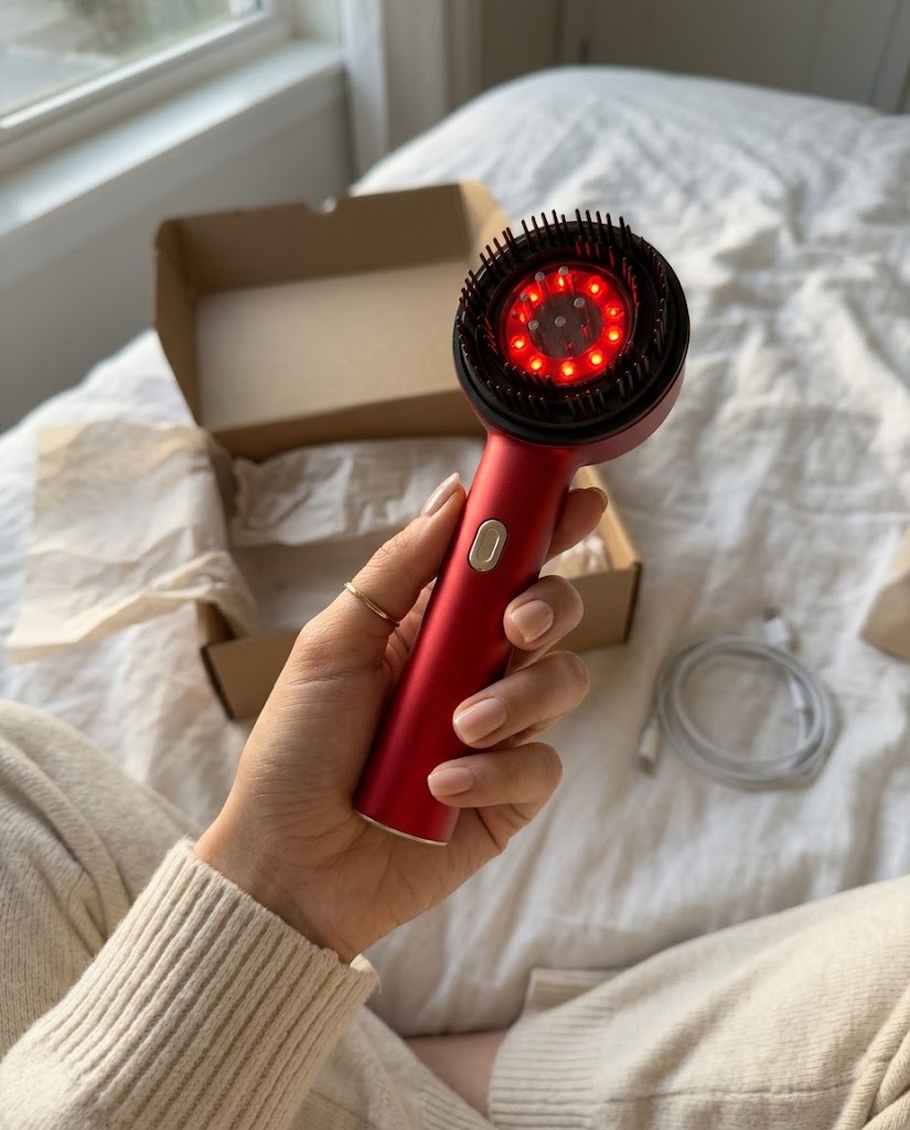 La brosse Head Spa Lumière tenue en main à la sortie de son colis