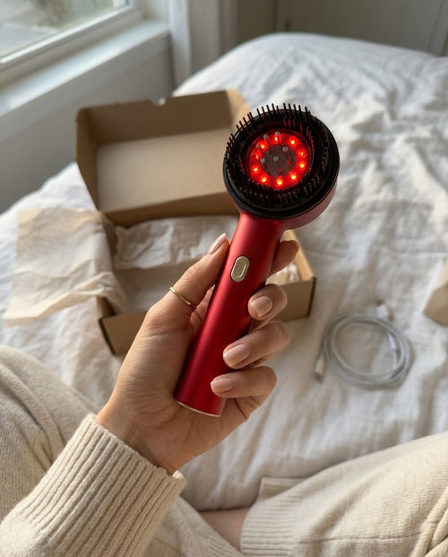 La brosse Head Spa Lumière tenue en main à la sortie de son colis