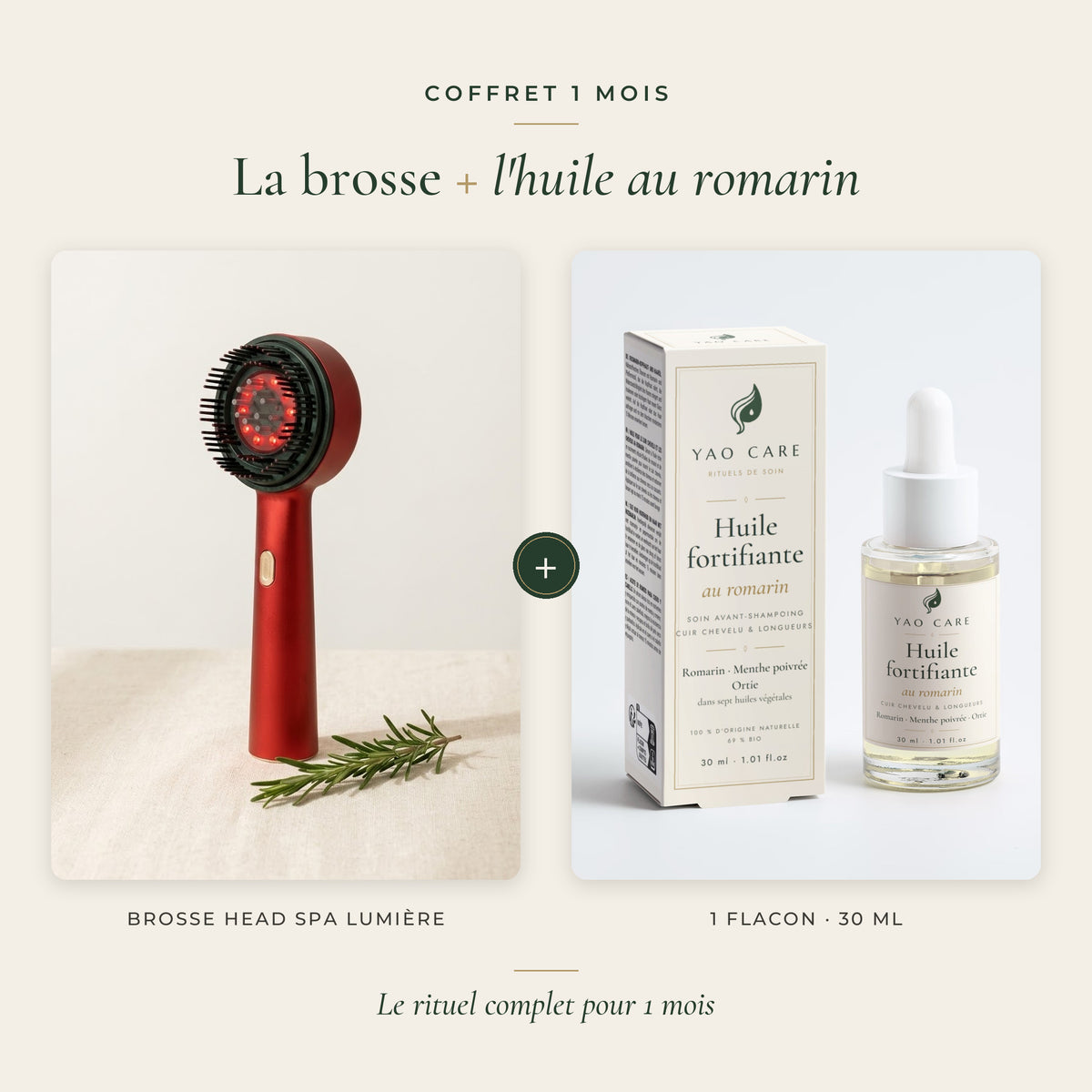Coffret 1 mois : la brosse Head Spa Lumière et 1 flacon d'huile fortifiante au romarin 30 ml