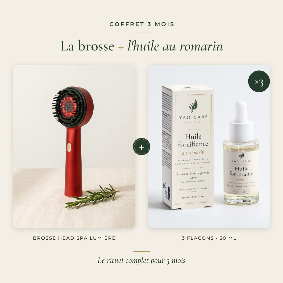 Coffret 3 mois : la brosse Head Spa Lumière et 3 flacons d'huile fortifiante au romarin 30 ml